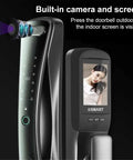 Heavy Duty Smart Door Lock With HD Camera And Fingerprint Scanner For Home Safety showing built-in camera and indoor screen.