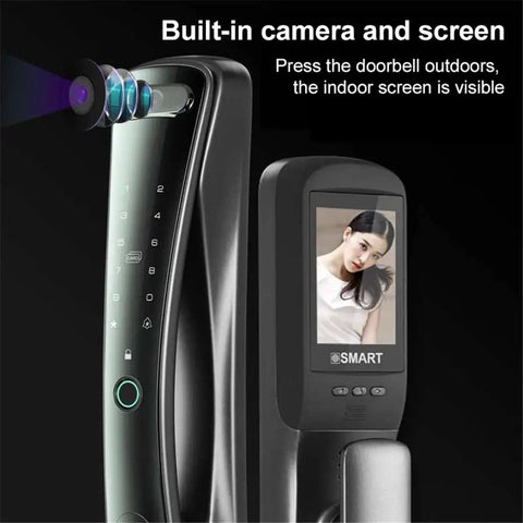 Heavy Duty Smart Door Lock With HD Camera And Fingerprint Scanner For Home Safety showing built-in camera and indoor screen.