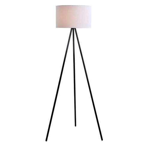 Mid Century Modern Tripod Floor Lamp in Black with white shade, 61.25 inches high, adjustable three way lighting, retro style.