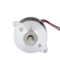 Stepper motor NEMA 14, round silver body with four wires (red, blue, green, black), front view.