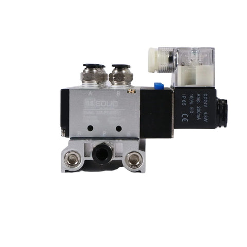 Front view of 4V210-08 Six Valve Pneumatic Solenoid Valves with 1/4 Inch NPT Threads, 2 Position 5 Way on compact manifold, DC 24V.
