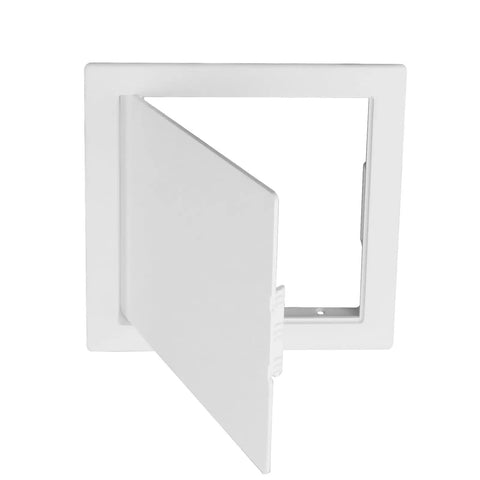 Rock Solid Abs Plastic Square Access Panel Door For Plumbing Walls, Heavy Duty Hinged Maintenance Cover, No Sweat Install Indoor Outdoor Utility Hole Lid Replacement Part, Top Shelf Durability - white panel open to reveal access