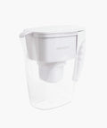 Side angle view of a white water filter pitcher, 10 cup capacity, labeled 'aquagear,' removing lead, chlorine, PFOA, PFOS, and microplastics
