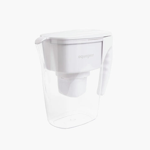 Side angle view of a white water filter pitcher, 10 cup capacity, labeled 'aquagear,' removing lead, chlorine, PFOA, PFOS, and microplastics