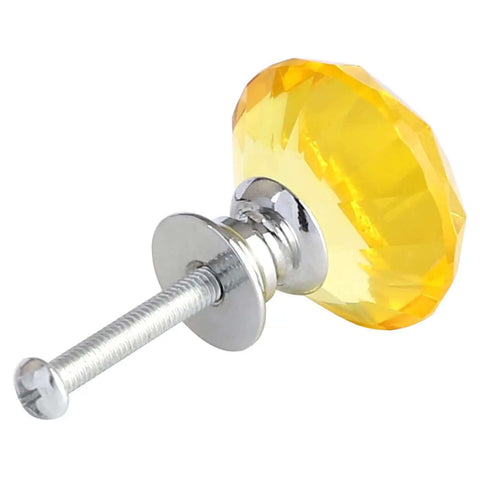 Kick Up Your Cabinetry Game With These Solid As A Rock 12 Piece Pack Of 30Mm Diamond Shape Crystal Glass Cabinet Knobs With Complete Screw Kit For Furniture Yellow, showing a yellow crystal glass knob with a chrome base.
