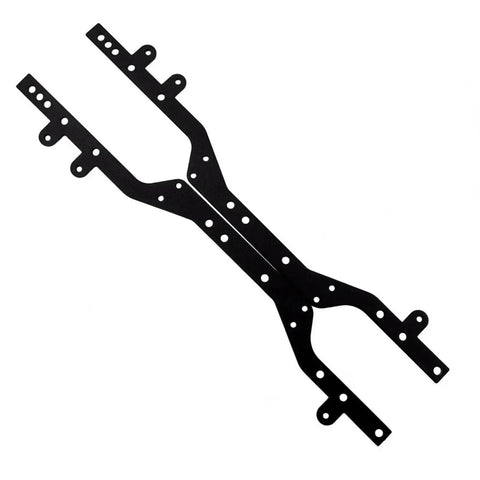 Top view of black aluminum Beefy Metal RC Chassis Frame Upgrade Kit For WPL C14 C24 C34 C44 B14 B24 with holes for installation.