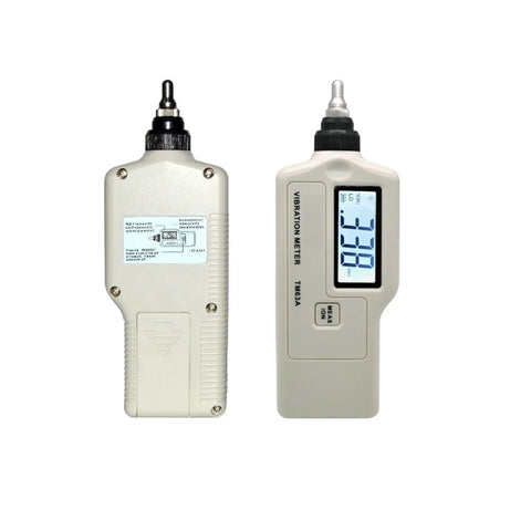Portable Digital Handheld Vibroscope With LCD Display, Pro Grade Acceleration And Velocity Readouts, Range 0.1-199.9 m/s2 And 0.1-199.9 mm/s RMS, 10 Hz-15 kHz Coverage, Field Ready Vibration Tester For Technicians, front and back view