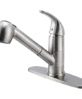 Slick Pullout Kitchen Faucet With Brushed Nickel Stainless Steel Single Handle Compact Design And Dual Spray Modes Comes With Deck Plate For Super Easy Install And Quick Everyday Cleanup, showing side view.