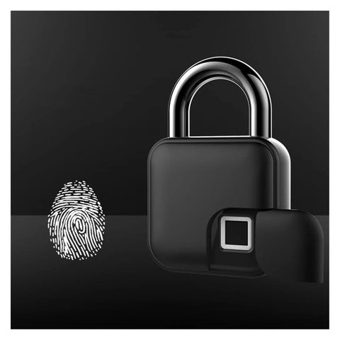 Lock Down Your Gear With This 10 Pack Smart Fingerprint Padlock Set Built Tough For Waterproof Keyless Entry On Suitcases Gym Lockers And Front Doors, close-up of fingerprint padlock with fingerprint graphic.