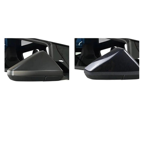 Hella Durable Matte Black Rearview Mirror Cover For 2024 Tesla Cybertruck Ride Protective Shell Wrap, shown in matte and gloss finishes.