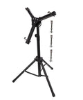 Heavy Duty Adjustable Height Tripod Snare Drum Rack Stand With Slick Black Alloy Finish For Rock Solid Practice And Tour Ready Drummer Gear Organization showing tripod with adjustable arms.