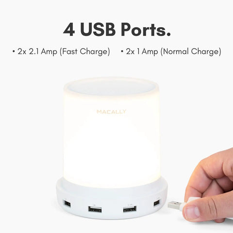 Touch Activated Nightstand Lamp With 4 USB Ports For Fast Charging, 3 Way Dimmable, shown with cables and ports in small space setup