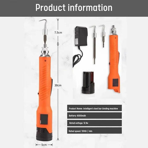 Heavy Duty Automatic Rebar Tie Wire Twister With Electric Power And Carbon Steel Body, showing product details and accessories.