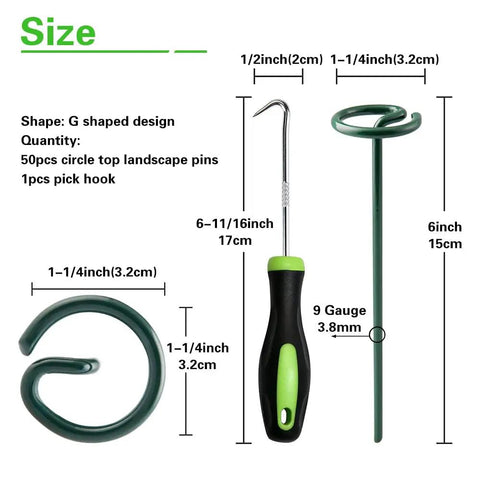 Circle Top Landscape Staples 6 Inch Green Turf Stakes 9 Gauge Beefy Heavy Duty Yard Lawn Spikes with Hook and G Shape Design
