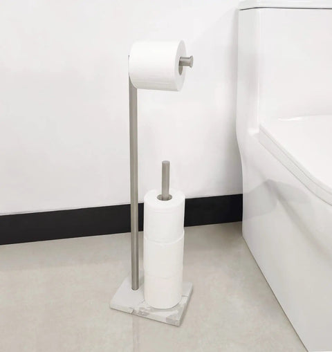 Free Standing Toilet Paper Holder With Reserve, Heavy Marble Base Keeps It Steady No Wobble, Durable 304 Stainless Steel Brushed Nickel Finish, Bathroom Tissue Roll Stand For Any Home next to a toilet.