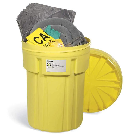 Heavy Duty Overpack Salvage Drum Spill Kit 30 Gallon yellow canister with sorbent materials for oils, coolants and solvents.