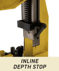 Close-up of the inline depth stop on the Shop Sweet Benchtop Mortiser Built Like A Tank for precise woodwork.