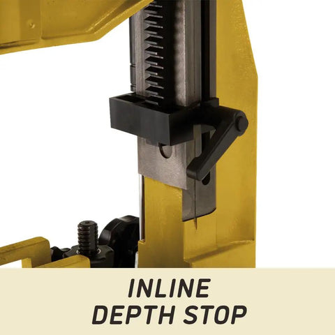 Close-up of the inline depth stop on the Shop Sweet Benchtop Mortiser Built Like A Tank for precise woodwork.