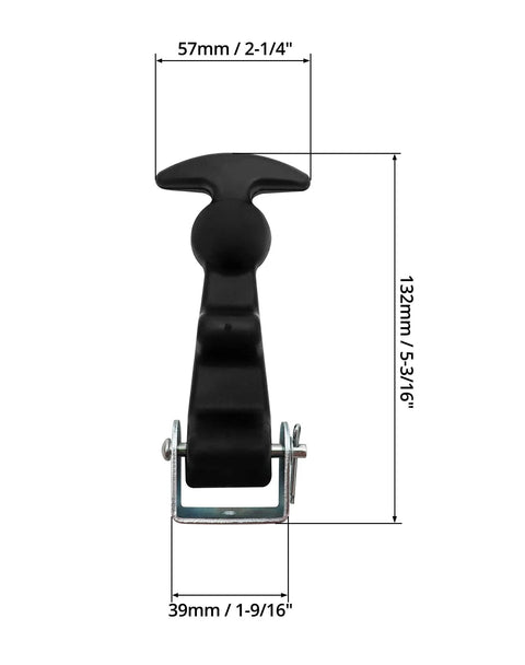 Black rubber hood latch with T-handle; metal mounting bracket, 132mm tall, 57mm wide, for tool boxes and vehicle hoods.