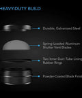Diagram showing 8 Inch Backdraft Damper For Ducts One Way Airflow With Spring Loaded Folding Blades Airtight Outer Gasket Seal Mounts