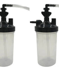 Two Oxygen Humidifier Bubbler Bottles 350ml with pressure relief valve and 12 inch tubing adapter side by side.