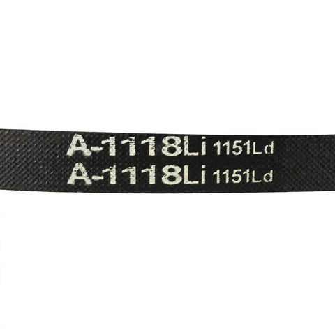 Close-up view of V Belt A1118 For Drive Transmission System, 1118mm inner girth, showing labeling on neoprene rubber surface.