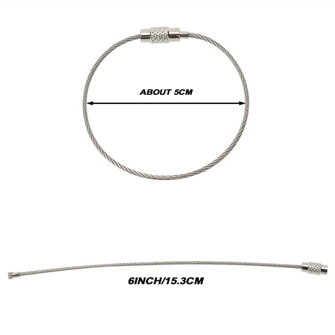 Heavy Duty 6 Inch Stainless Steel Wire Key Rings And Keychains Kit With 1.5mm Tag Rope shown in full and close loop view