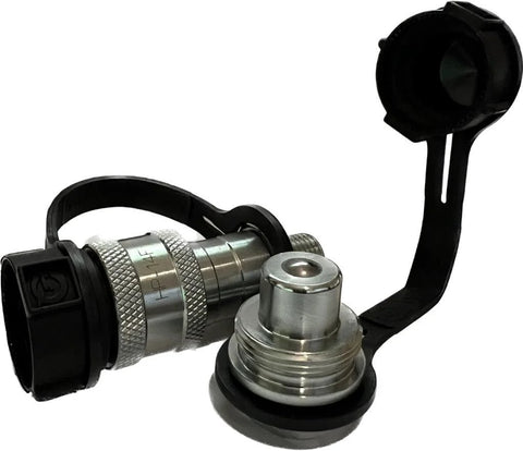 Side view of 1/4 in high-pressure hydraulic screw coupler with dust cap, metal knurled body, Amazon brand