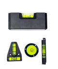Torpedos, Pocket Levels set with bubble levels, compact design, including t, circular, and pocket styles in black.