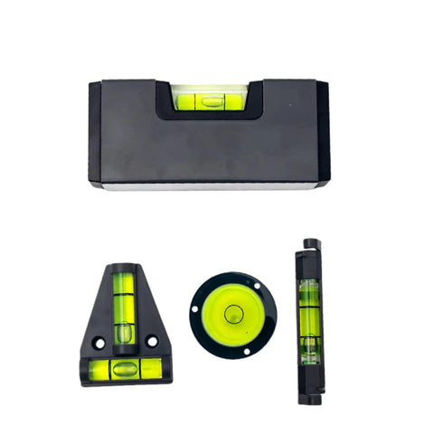 Torpedos, Pocket Levels set with bubble levels, compact design, including t, circular, and pocket styles in black.