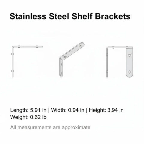 Diagram of Heavy Duty Stainless Steel L Bracket Shelf Support for Furniture Reinforcement and Floating Shelves, 5.9 x 3.9 Inch