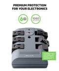 Six Outlet Power Strip Surge Protector With Rotating AC Outlets And Flat Pivot Plug, Heavy Duty Wall Extender, 1,080 Joules Protection