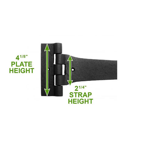 Wrought Iron Heart Style Strap Hinges 18 Inch Heavy Duty Pack Of 4 with Hardware dimensions shown, plate height 4 1/8" and strap height 2 1/4".