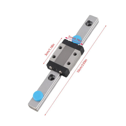 Miniature Linear Rail Block Set With Ball Retainer For Smooth Precision Movement, 100mm Bearing Steel Rail, with side view measurements.