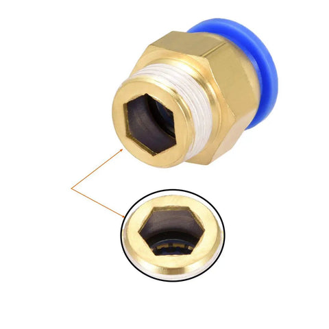 Close-up of Straight Pneumatic Push To Connect Fittings G1/2 Male To 16mm Tube OD showing inner threading detail, durable metal body.