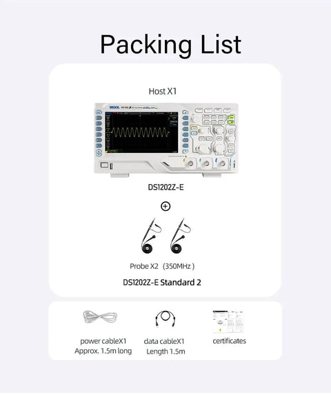 Packing list showing Dope Two Channel 200 MHz Digital Oscilloscope with accessories including probes and cables.