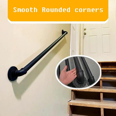 Heavy Duty Black Metal Stair Rail Kit For Indoor And Outdoor Steps with smooth rounded corners installed along stairs