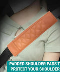 Premium Leather Seat Belt Cover For Tesla Cybertruck featuring quilted smooth surface on seatbelt protecting shoulder.