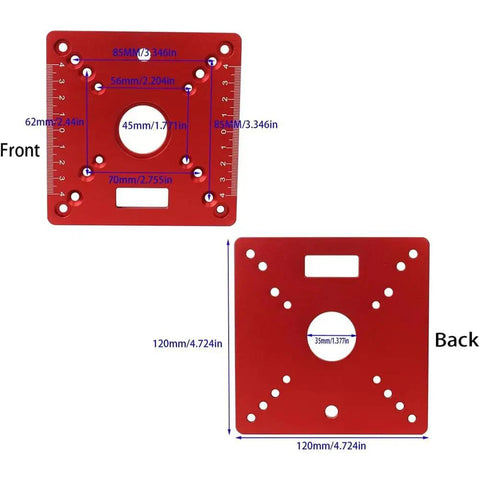 Bang For Buck Mini Square Router Table Insert Plate Solid Aluminum Anodized Flip Base For Woodworking Bench Trimming Engraving Workstation Tough Shop Gear Simple Swap, showing front and back dimensions.