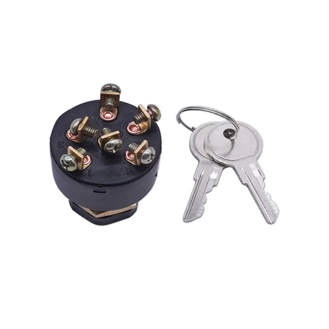 Ignition switch with key set for boat trailer featuring metal terminals and black casing shown.