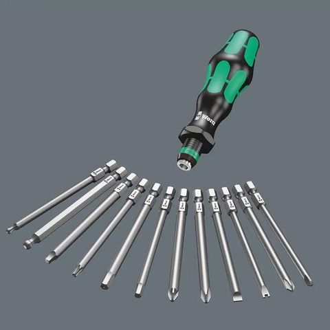 Kraftform Bitholding Screwdriver With Rapidaptor and 6 Long Bits for Quick Bit Swaps, shown with bit array and durable handle.