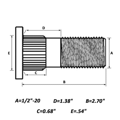 Technical diagram of Six Pack Press In Wheel Studs One Half Inch Twenty Thread For Dexter Trailer Hubs On 5200 To 7000 Lb Axles.