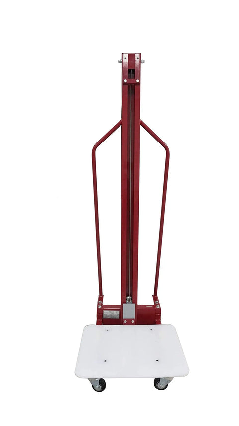 Easy Roll Manual Winch Stacker Work Positioner Lift Truck with steel frame, showing lift platform and handles, ideal for narrow aisles.