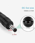 Close-up of 5.5/2.1mm barrel connector for 12V DC Power Supply For LED Strips 2A 24W Switching Adapter with size details.