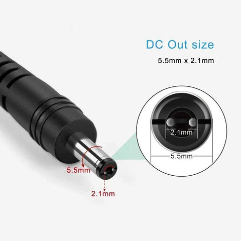 Close-up of 5.5/2.1mm barrel connector for 12V DC Power Supply For LED Strips 2A 24W Switching Adapter with size details.