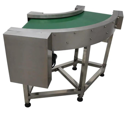 Curved Conveyor Belt With 90 Degree Turn Flexible Direction Change Stainless Steel PVC Belt 11.8 Inch Wide shown at an angle