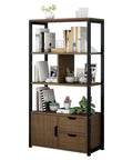 Five Tier Industrial Bookcase Walnut Storage Rack With Hefty Open Shelves For Books Vinyl And Keepsakes Built Rock Solid No Sweat Setup, featuring open shelves and drawers.