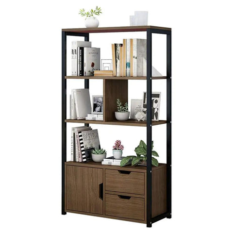 Totally Solid 5 Tier Industrial Bookcase In Premium Walnut Finish featuring five open shelves for books and vinyl storage.