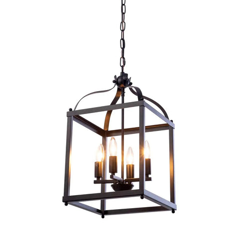 Industrial Pendant Light With Classic Black Metal Cage For Farmhouse And Modern Homes, showing four light fixtures with chain