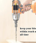 Universal Drill Bit Holder Set For Impact Drivers And Drills Three Piece Sleeve Organizer on an orange power tool
